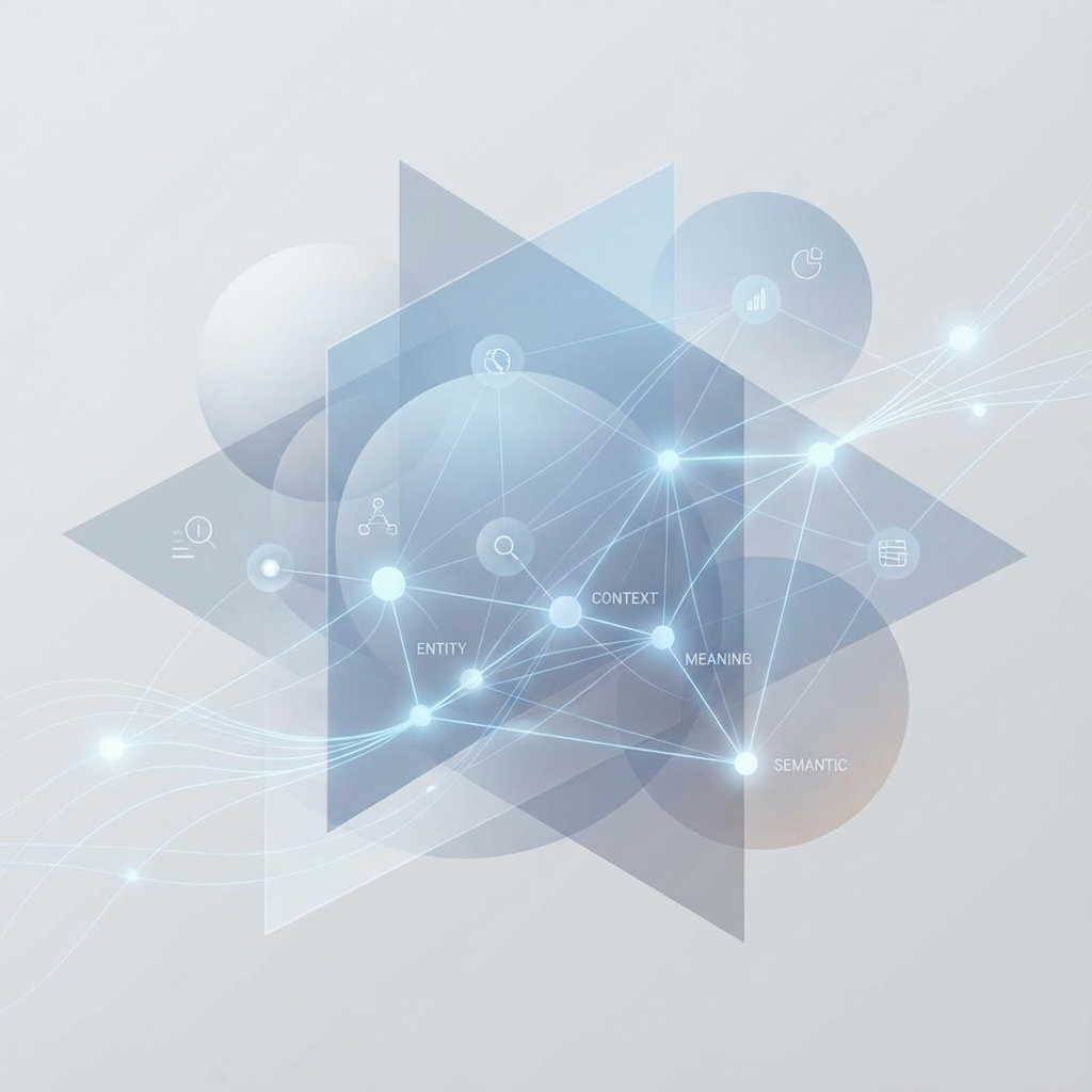 Abstract illustration showing how search engines and AI systems interpret content through entities, contextual relationships, and semantic meaning.